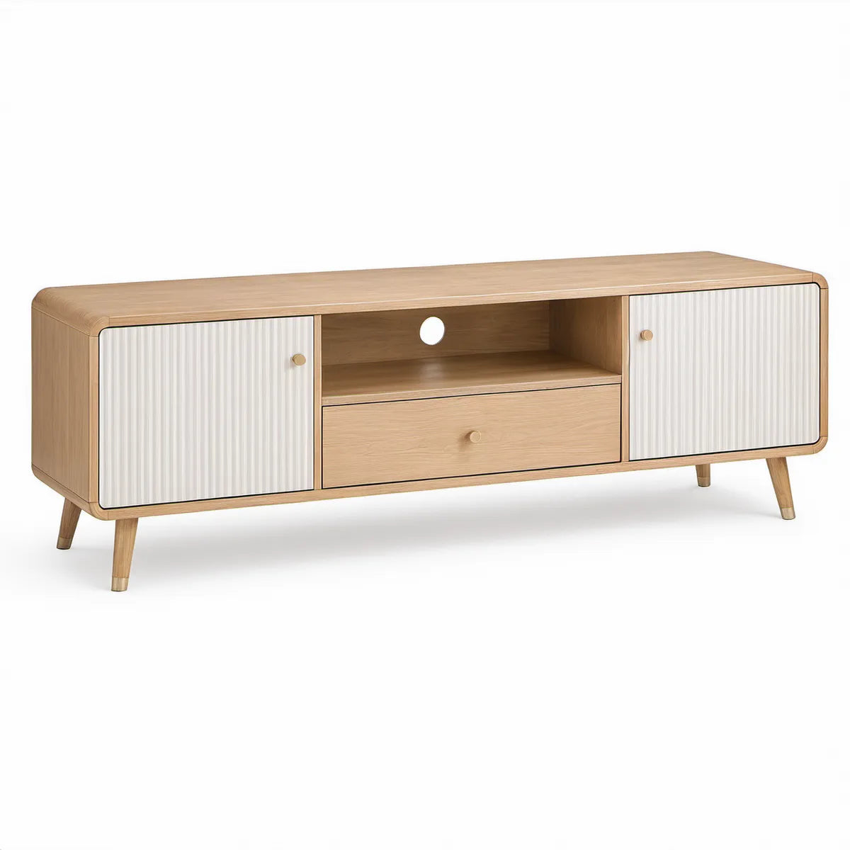 TV-Lowboard 180 x 40 x 60 cm aus MDF mit Eichenfurnier in Naturholz/Weiss