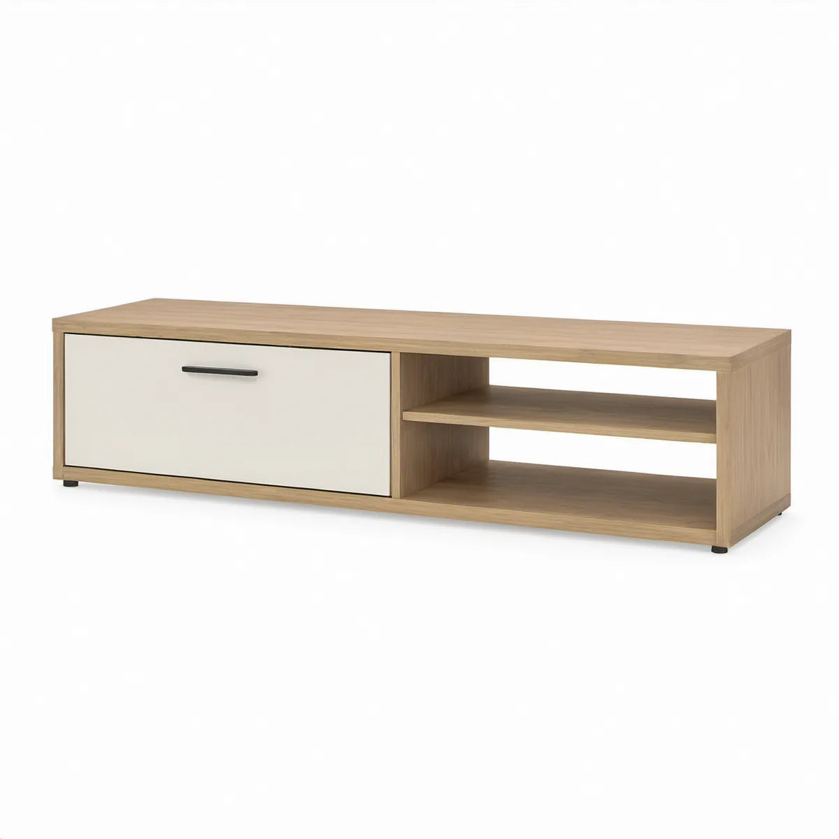 TV-Lowboard 160 x 40 x 45 cm in Eichenoptik, Weiss und Schwarz mit Schiebetür und 2 offenen Fächern
