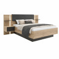 Doppelbett 180 x 200 cm in Eiche Natur, Schwarz und Anthrazit mit gepolstertem Kopfteil, Ablagen, Schublade und LED-Beleuchtung