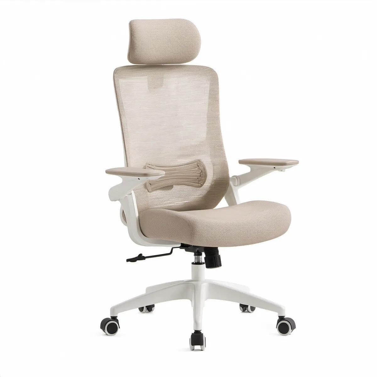Ergonomischer Bürostuhl Beige/Weiss mit Kopfstütze und Lendenstütze, 66 x 66 x 117–127 cm