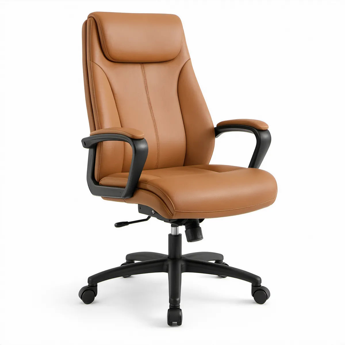 Bürostuhl mit hoher Rückenlehne aus PU-Kunstleder, Cognacbraun/Schwarz, 65 x 65 x 112–122 cm