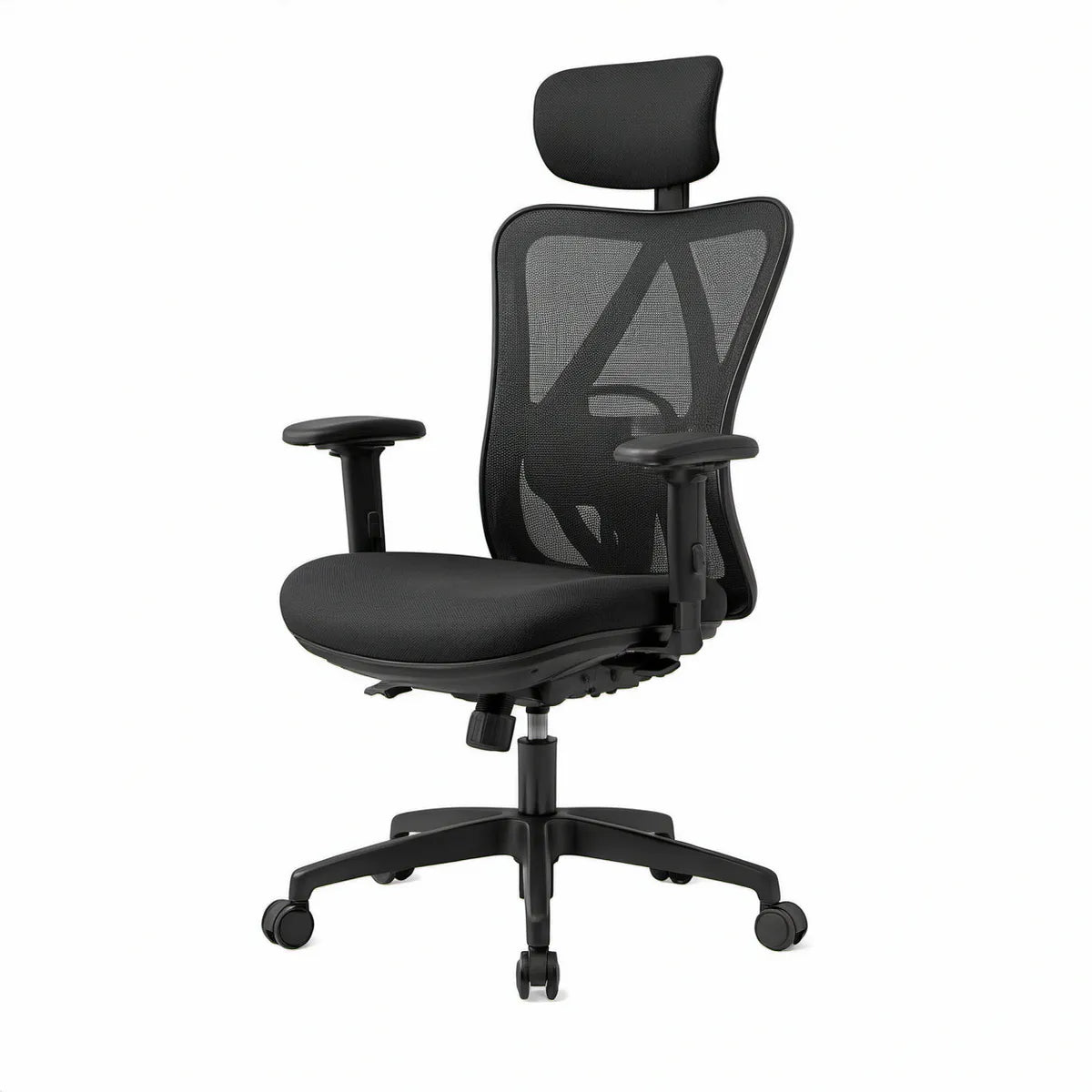 Ergonomischer Bürostuhl Schwarz mit Kopfstütze, Netzrücken und verstellbaren Armlehnen, 68 x 68 x 118–128 cm
