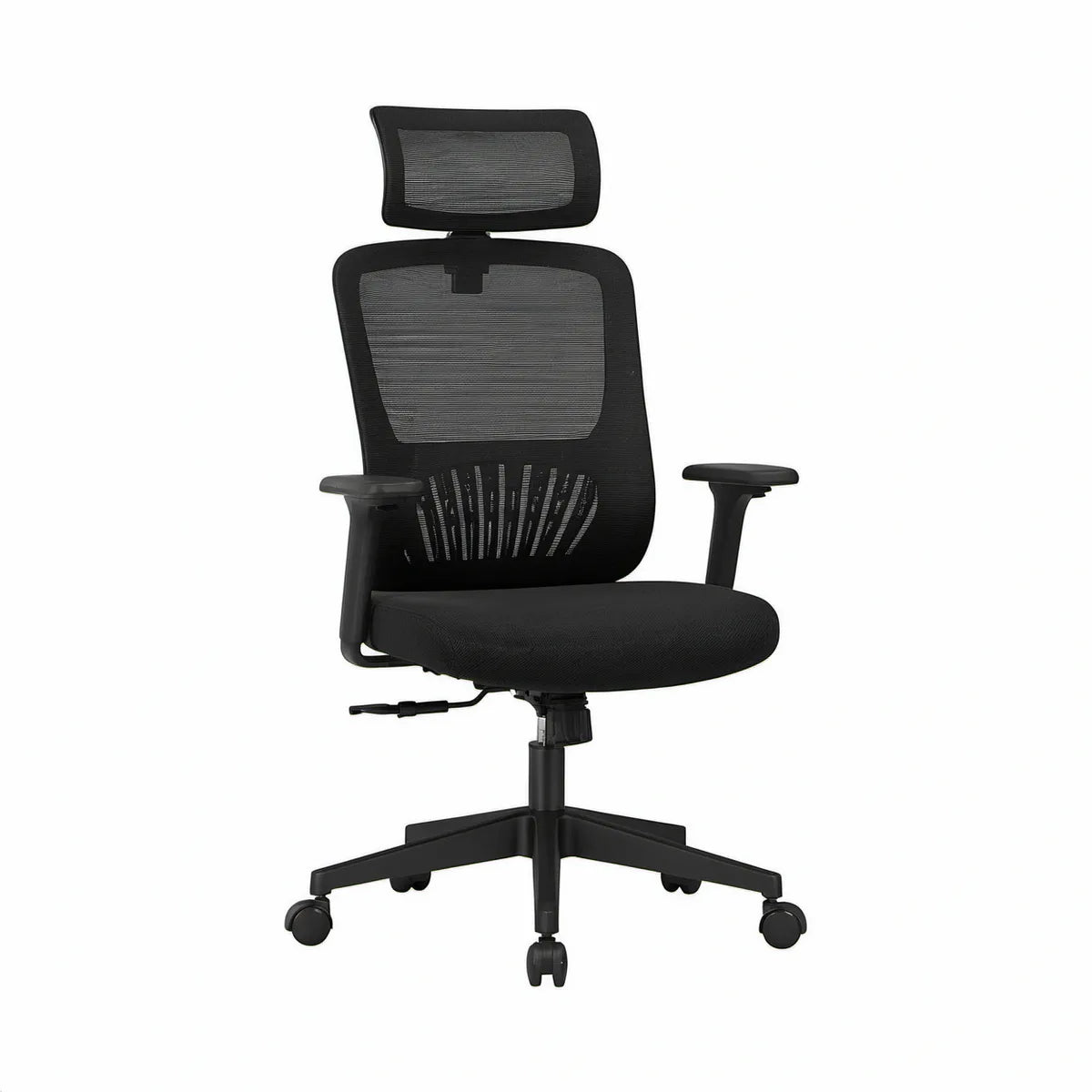 Ergonomischer Bürostuhl mit Kopfstütze, Netzrücken und Armlehnen, Schwarz, 64 × 64 × 116–126 cm
