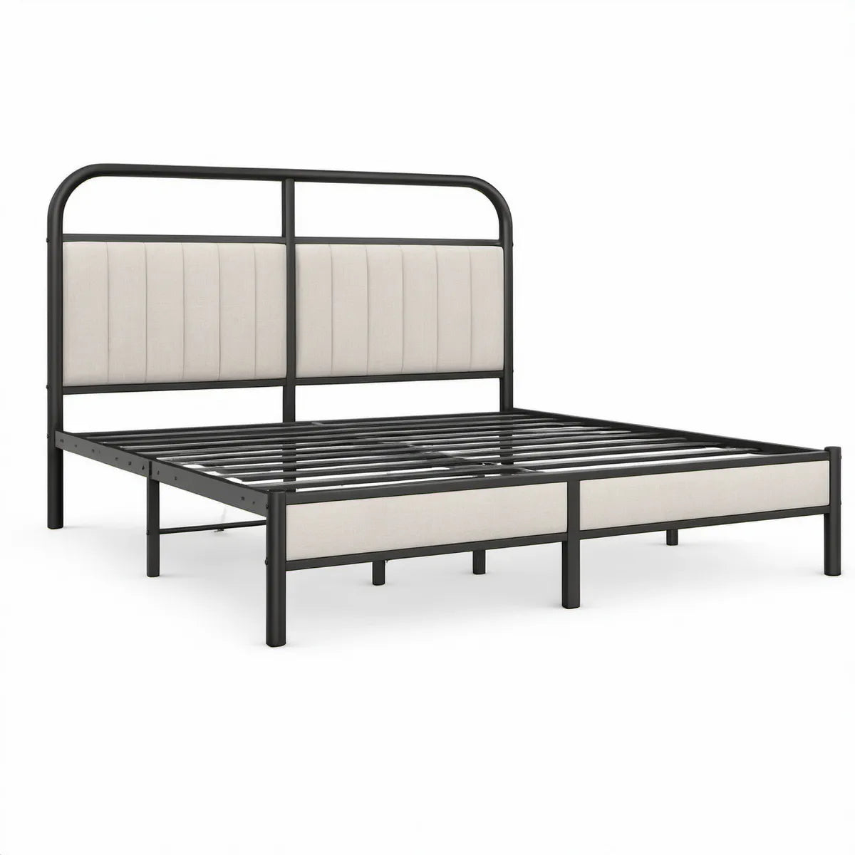 Metallbettgestell 160 x 200 cm mit gepolstertem Kopf- und Fussteil, Schwarz/Beige